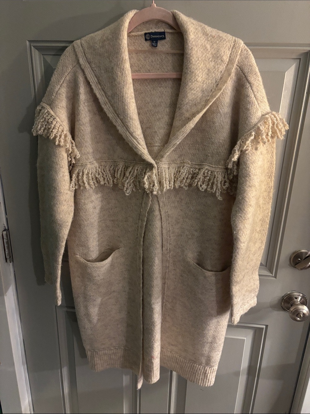 Democracy Cream Fringed Open-Front Coatigan